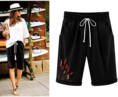 Mulheres shorts de verão calças de linho soltas shorts gráficos de estampa de flor casual calça de joelho de joelho casual