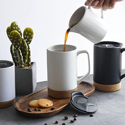 Conjunto de canecas de café em cerâmica de 2, 17 oz de caneca de café grande com fundo de cortiça removível e tampa à prova