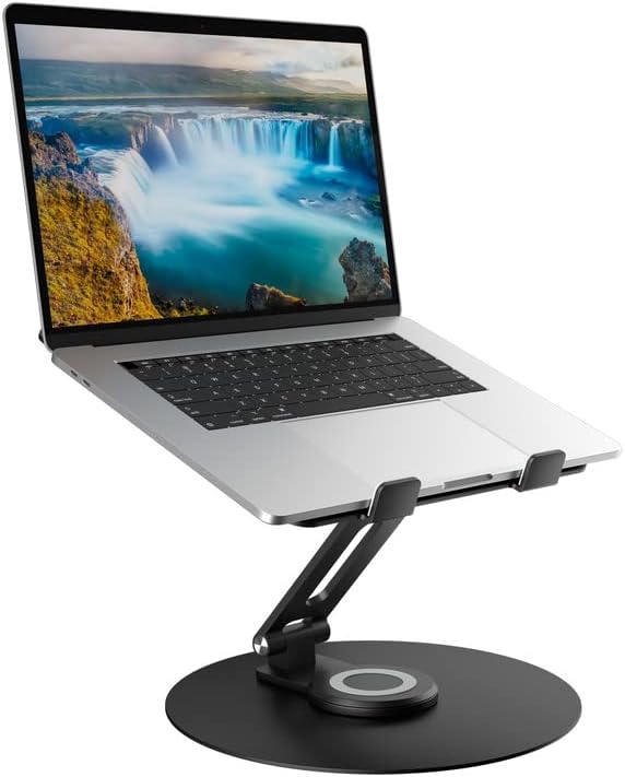 Laptop giratório suporte para mesa, suporte de computador de alumínio ajustável com base rotativa 360, riser ergonômico dobrável,