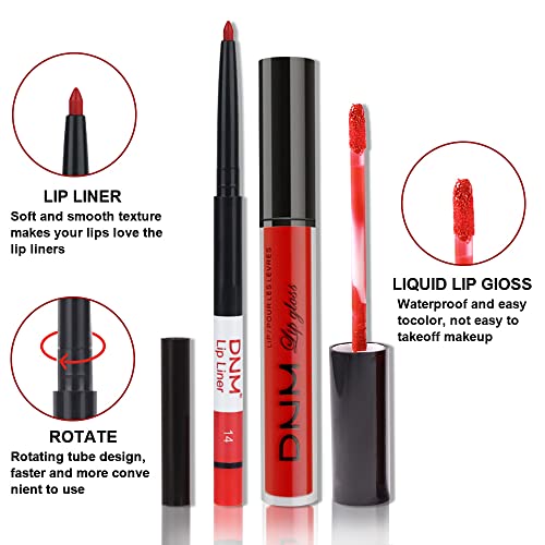 Haoya 2pcs Matte Ruby Red Lip Lip e Lipstick Makeup Conjunto, batom líquido fosco 24h e com kit de linha labial à prova d'água