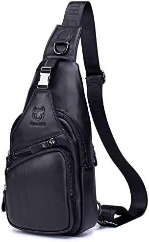 Bullcaptain Men Backpack de couro genuíno Backpack Backpack Multi-Pocket Saco de peito para caminhada ao ar livre Daypack