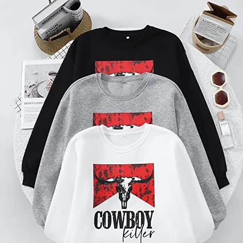 Moletom feminino Cowboy Killer Letter Impressão Vintage Bull Bull Graphic Fleece Manga Longa Crewneck Tops Casuais