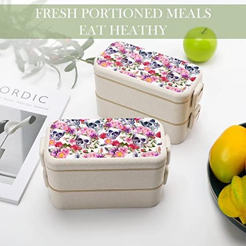 Skulls Rose Double Packable Bento Lunch Box Recipiente de almoço reutilizável com utensílio para jantar escolar de piquenique