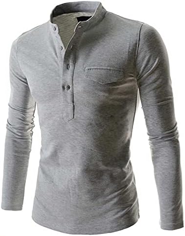 Botão superior do Men Button V Decote de cor sólida Blusa de manga comprida machos camiseta masculina