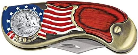 Faca de bolso de moeda de bandeira americana com o Bicentennial Washington Quarter | Lâmina de aço inoxidável de 3 polegadas | Moeda genuína dos Estados Unidos | Colecionável | Certificado de autenticidade
