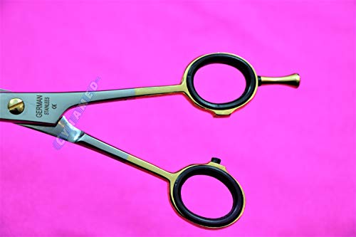 Alemão Premium Stainless Gold Rings Barber Shears 6.5 com descanso de dedos removíveis, acabamento de areia 1 peça