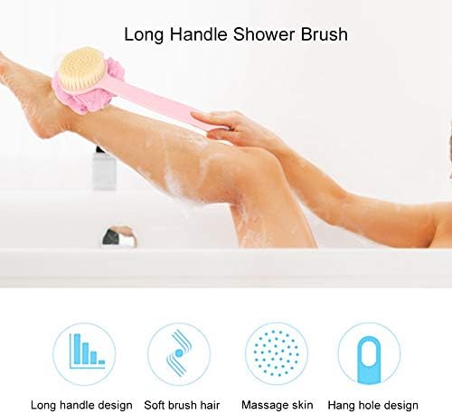 Escova de chuveiro de banheira longa, puxão de banho de chuveiro de banheira longa escova de esponja de esponja com escova de corpo com penduramento 2 em 1 escova de esponja de escova de lavagem traseira escova de esponja