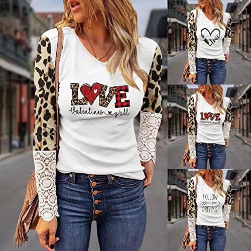 Pmmqrrkuu feminino de manga longa Sexy leopard renda, moletons para mulheres camisa do dia dos namorados amor amadentes de coração