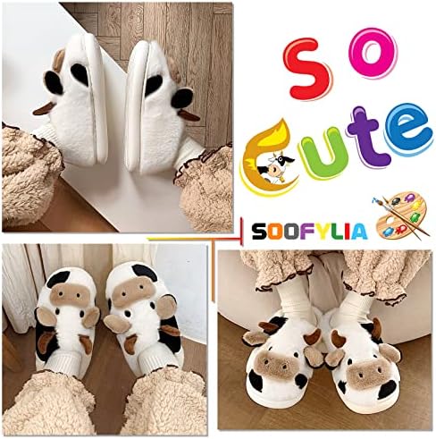 Soofylia desenho animado chinelos de vaca para mulheres meninas algodão animal chinelos difusos escorregadores de