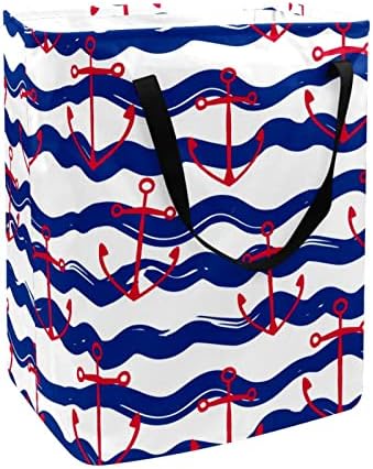 Red Ship Anchor Blue Wave Stripes Imprimir cesto de roupa colapsível, cestas de lavanderia à prova d'água 60l de roupa de lavagem