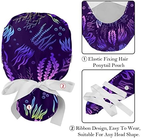 Lorvies Medical Caps para mulheres com botões de cabelo comprido, boné de trabalho ajustável de 2 peças, padrão de ervas daninhas do mar multicolorido