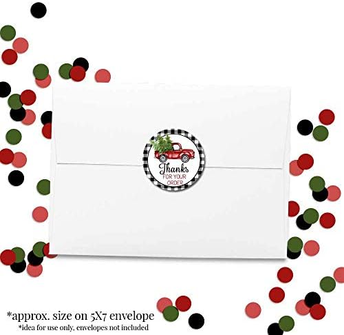 Plaid Back Buffalo & Red Truck Christmas Agradecemos etiquetas de adesivos de apreciação de clientes para pequenas empresas, adesivos de círculo de 60 1,5 por Amandacreation, para envelopes, cartões postais, mala direta, mais!