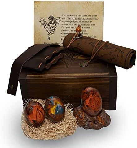 Lava Dragon Egg com suporte, mapa do dragão antigo, letra de dragão e bolsa de couro rústica em uma caixa de madeira