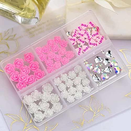 Runrayay Pink Flowers 3D Flores de unhas, diamantes de unhas para pregos de acrílico com strass em unhas de coração, jóias de unhas para mulheres decorações de unhas DIY