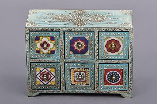 10 caixas decoradas pintadas à mão com telhas de cerâmica | Madeira de manga | Feito à mão | Feito na Índia - Mango W
