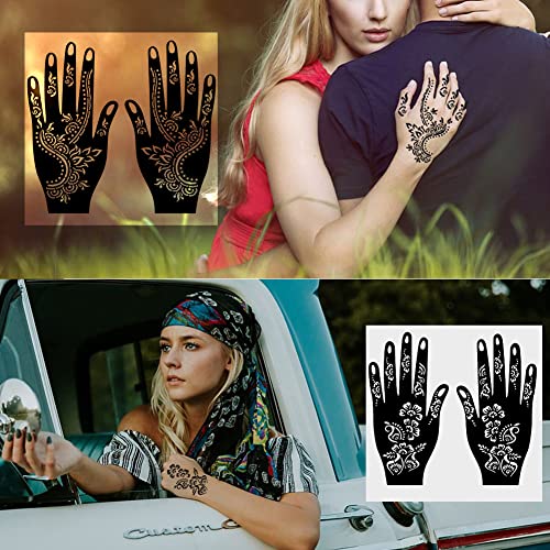 Qstohena 14 folhas kit de estêncil de tatuagem de henna para arte corporal para as mãos, modelo de tatuagem temporária da árabe indiana mehndi stencil adesivos