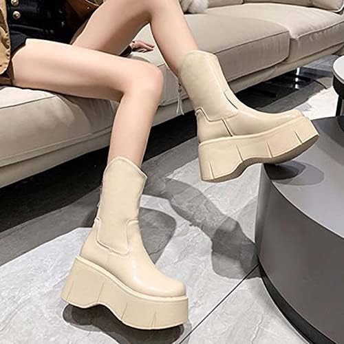 Sinzelimin Plataforma feminina Botas de tornozelo Fashion Faux Leather Back Zipper High Heels Round-Toe Mid Calf Knight Botas de combate