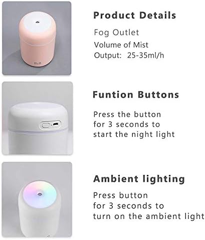 Umidificador de névoa legal, umidificador portátil de mini mini-led de 300 ml com luz noturna LED multicolor, 2 Modo e desligamento