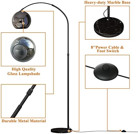 Lâmpada de piso de arco de neutral, lâmpada de arco, lâmpada de arco para sala de estar, lâmpada de pé para leitura de trabalho, arco de lâmpada de piso, tonalidade rotativa de 90 °, base de mármore, altura ajustável, 71 polegadas