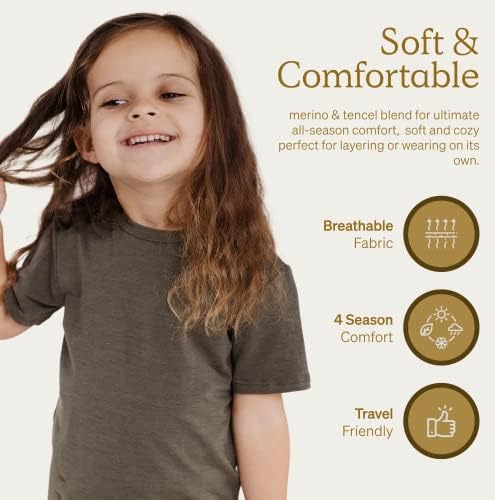 NUI Organics Merino Wool & Tencel Kids T-shirt, camada de base, tecido natural ultra macio, conforto o ano todo, respirável.