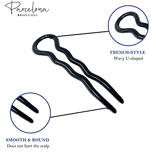 Parcelona francês preto elegante grande grande 3 1/2 Cellulóide feito na França Wavy Crink U em forma de chignon conjunto de 3 palitos