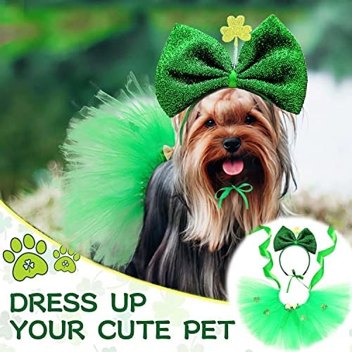 Costume do dia de St Patrick 2 peças Tulle Tutu Skirt arco de cabelo Bowknot Hair com Shamrock Shiny, vestido de renda irlandesa verde