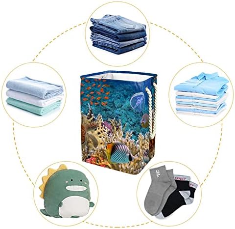 Cesta de lavanderia com alça de corda, tartaruga marinha subaquática Peixes de peixes de coral e organização de