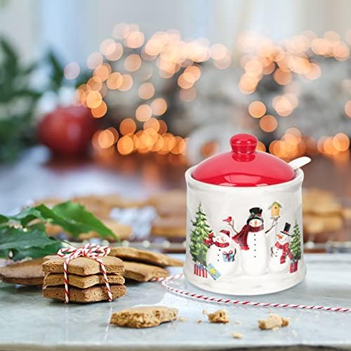 Jarros de tempero de cerâmica de natal: Holiday Sugar Bowl Boman de neve padrão recipiente de pimenta com tampa e colher panelas
