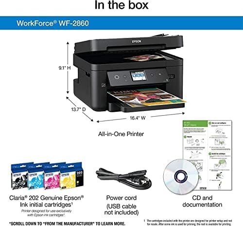 Epson Workforce WF-2860 All-In-One sem fio impressora com scanner, copiadora, fax, Ethernet, Wi-Fi Direct e NFC, Dash Reabastencion Ready & Bulder6ft Cable