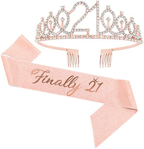 21º aniversário FATA E TIARA, 21º aniversário para mulher, finalmente 21 Glitter Rose Gold Gold and Crown para suas decorações