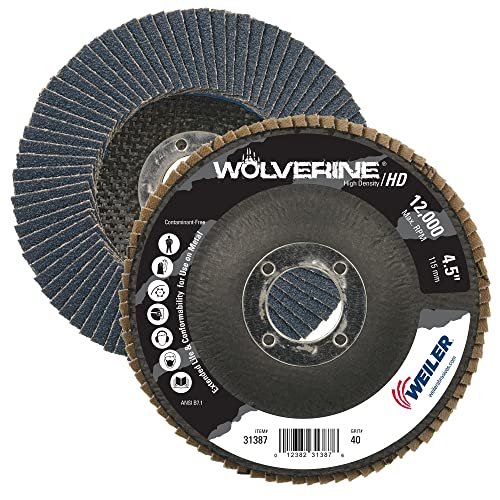 Weiler 31387 Wolverine 4-1/2 x 7/8 Arbor Hole Abrasive Flap Disc, 40 Alumina de zircônia de grão, Flat Type 27, apoio
