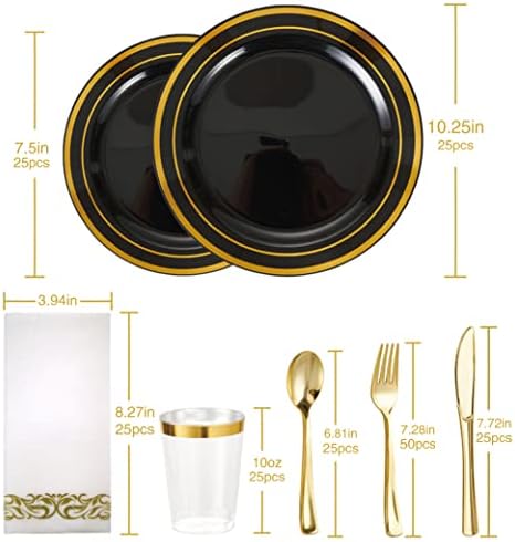 Placas de plástico preto de 200pcs Famgather com aro dourado Plástico descartável preto conjunto de utensílios de jantar de ouro para