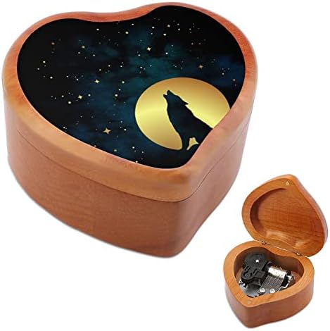 Lobo uivando a lua cheia Lua cheia vintage de madeira clockwork caixa musical box em forma de coração presente para