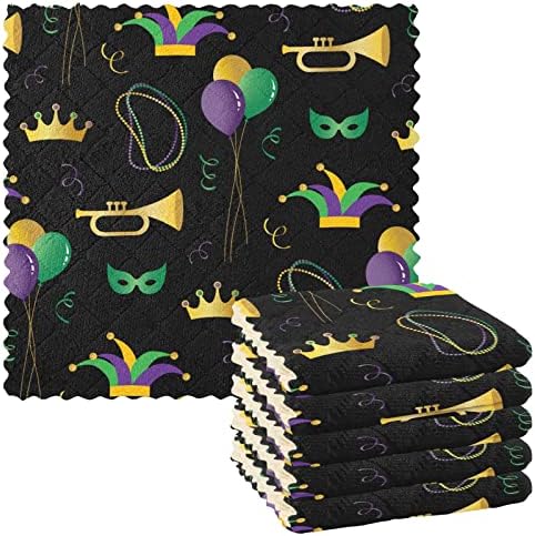 Sinestour Mardi Gras Crown Dish Panos Conjunto de 6 panos de limpeza para lavar louça de secagem absorvente Secagem macia e lavagem de panos de cozinha lavável para casa - 11 x 11 polegadas