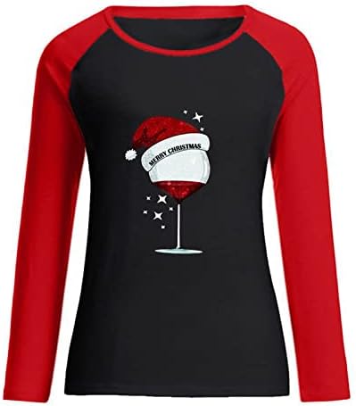 Tops soltos casuais femininos de retalhos de primavera de Natal impressos de mangas compridas no pescoço redondo de pescoço para mulheres trabalham casual