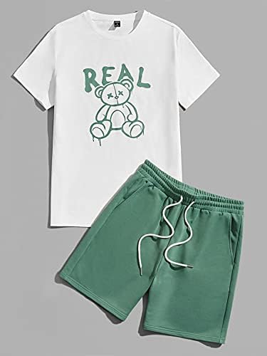 Roupas de duas peças para homens Men Bear & Letter Graphic Tee & Drawstring Caist Shorts