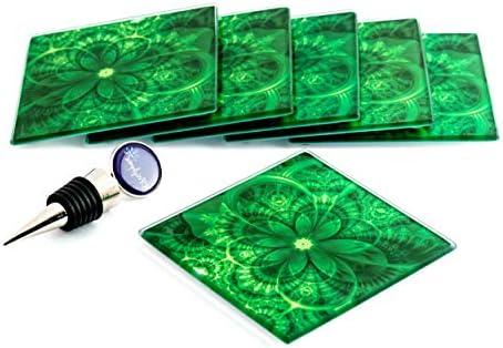 Conjunto de montanha-russa 6 montanhas-russas de vidro quadradas Design de flores verdes, tamanho grande 4x4, terno