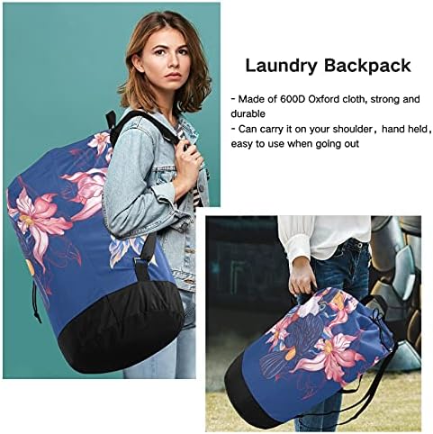 Flores Vintage Birds Folhas Bolsa de roupas para lavanderia pesada Mochila com alças e alças Saco de roupa de viagem com tração de tração