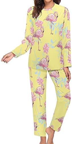 Flamingo Pattern Women's Pijamas Definir duas peças de manga longa e calça de pasta