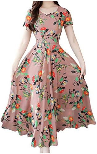 Mulheres Shakumy elegante Floral Impresso Manga curta Crew Neck Dress Long Summer Casual Summer A Line Party Midi Maxi Dress