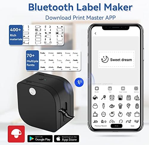 Zodzi P12 Black Label Maker com 3-Pack White em Blacktapes, Mini Bluetooth Roticing Thermal Label Maker, impressora de etiqueta para casa, escritório, escola e pequenas empresas, para iOS e Android