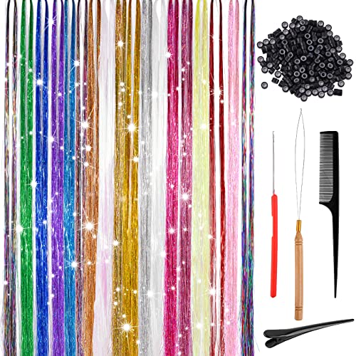 18 cores kit de tinsel de cabelo 47 polegadas Extensões de cabelo com ferramentas resistentes ao calor