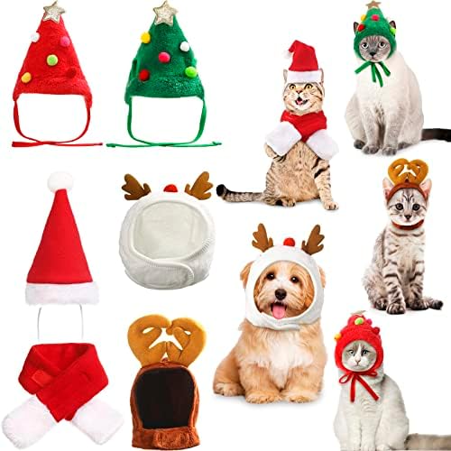 6 PCs Cat Christmas Roupet Cat Papai Noel com cachecol de lenço de lenço de natal alces de chapéu de gato de gato verde santa chapéu de cachorro de Natal traje de estimação ajustável boné de cachorro para figurinos de gatos suprimentos de festa de natal