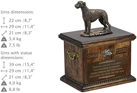 Irish Wolfhound 2, Urn for Dog Ashes Memorial com estátua, nome do animal de estimação e citação - Artdog personalizado