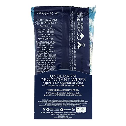 Pacifica Beauty, leite de coco e óleos essenciais lenços de desodorizantes da axilas, 30 contagem, remove odor em movimento, livre de