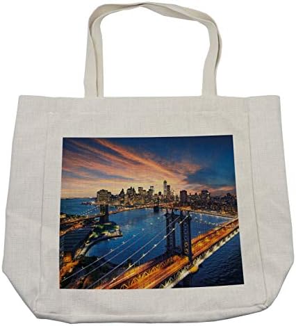 Bolsa de compras de Ambesonne Landscape, pôr do sol americano sobre Manhattan e Brooklyn Bridge Cityscape Picture Print,