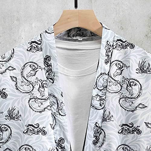 Cardigan quimono japonês para homens, abertura aberta solta 3/4 manga guindaste branca impressão floral casual jaqueta