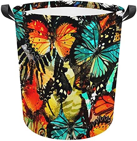Bolsa de lavanderia de borboleta vintage com alças cesto de armazenamento à prova d'água em redonda dobrável 16,5 x 17,3 polegadas