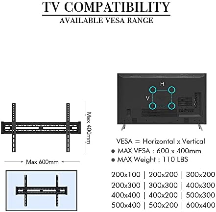 Suporte de parede de TV fino de aço inoxidável para a maioria das TVs curvas planas de 32 a 65 polegadas, monitor ajustável de até 50 kg de altura de inclinação ajustável, max vesa 600x400mm
