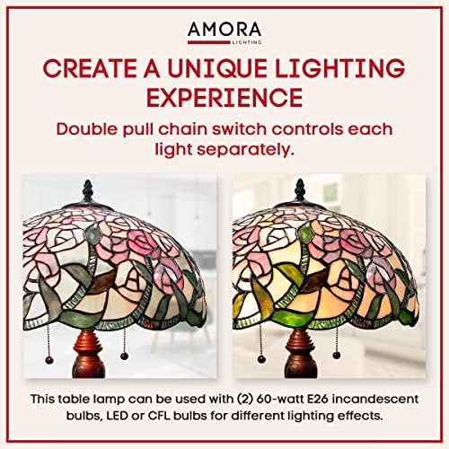 Amora vintage Tiffany Table Lamp - rosas rosa e videiras Tabela Night Light - Lâmpada de mesa de vidro multicolor